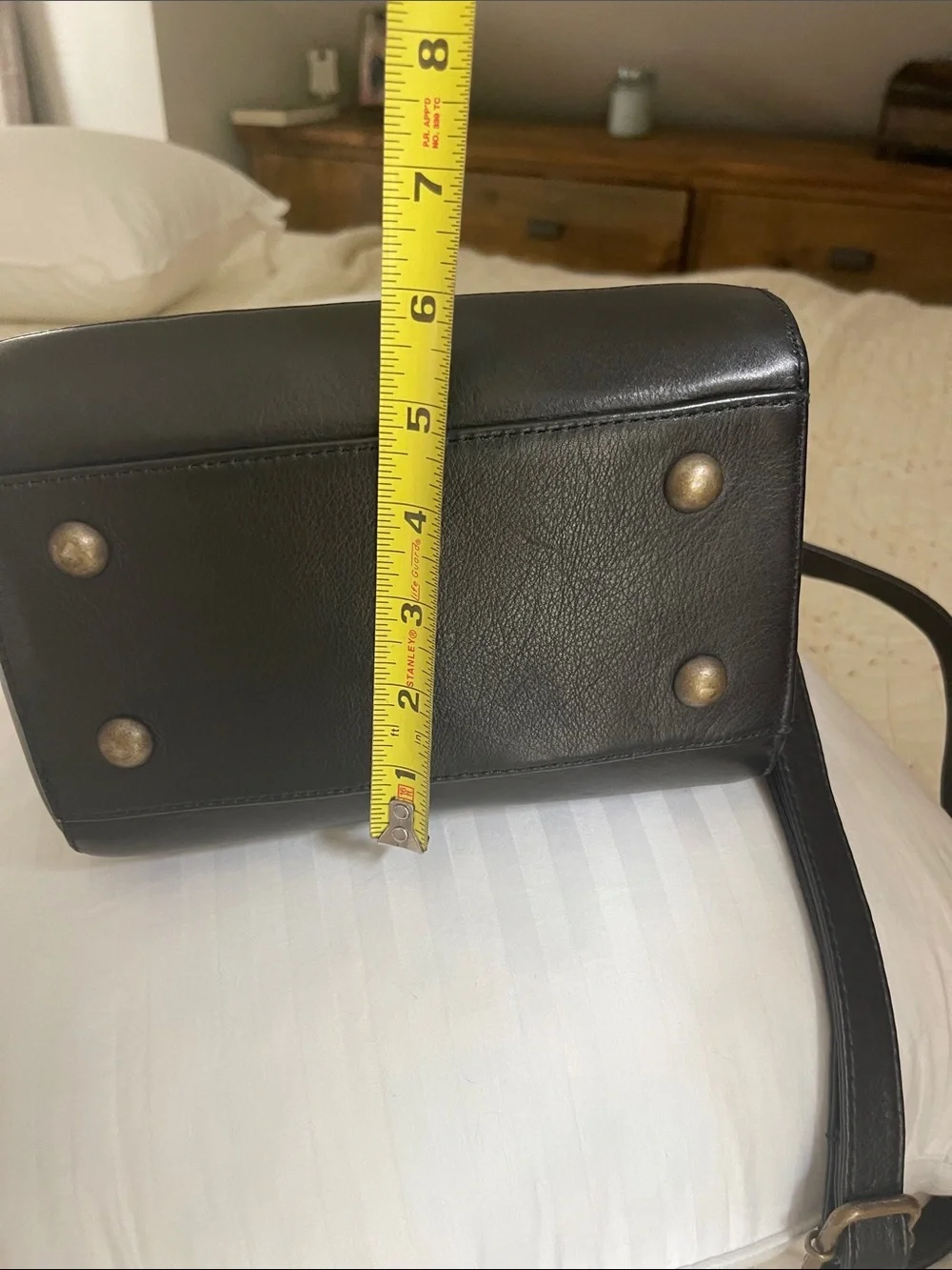 Black Leather Satchel with Top Handles and Crossbody Strap